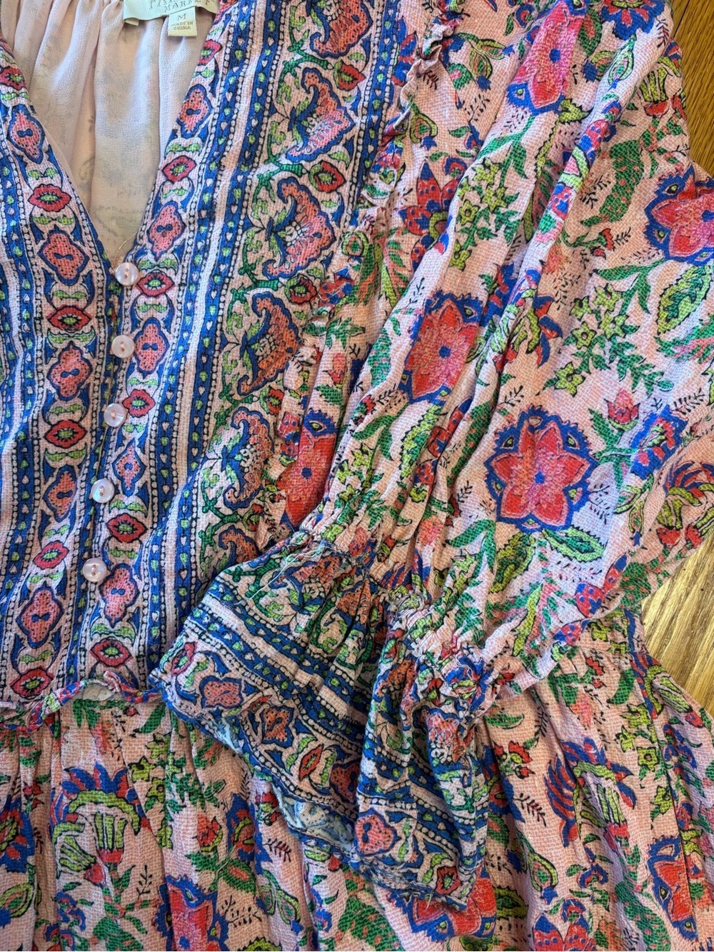 Farmers Market Pink Floral Boho Tiered Mini Dress Size M Cottagecore Festival - Picture 6 of 10